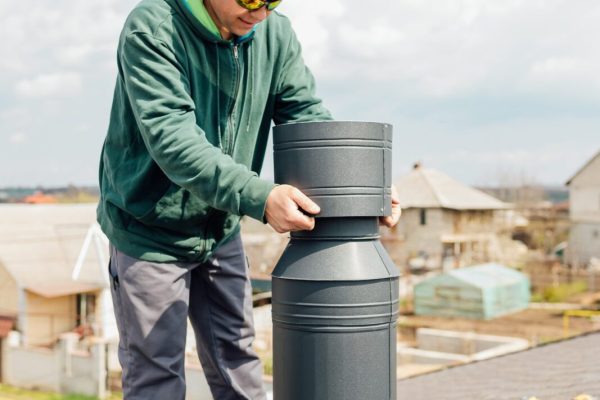 Male worker installing a chimney stack vent